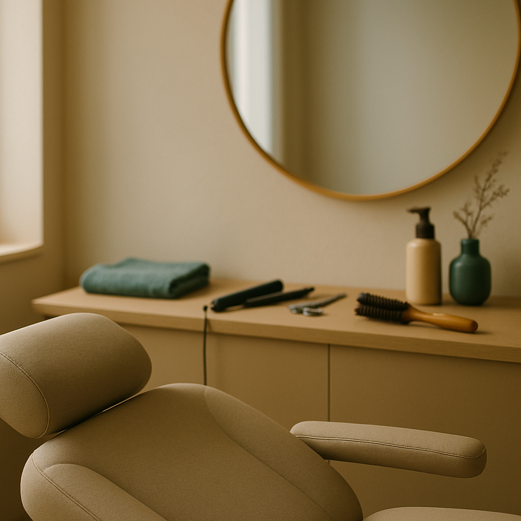Calm, modern UK salon workspace with styling tools and a treatment chair.