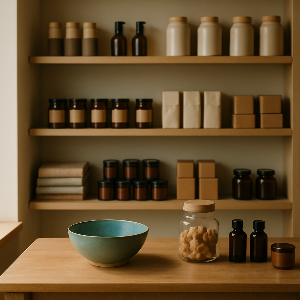 Shelves with neatly arranged jars and packaging inside a small independent shop.