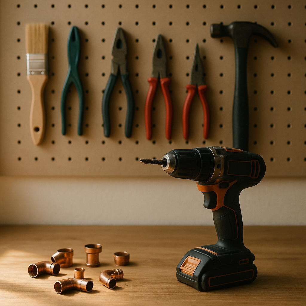 Organised UK tradesperson workspace with tools and drill on a wooden bench.