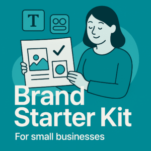 Illustrated graphic of a woman holding a simple brand board with logo, colours and type icons, on a teal background with the title ‘Brand Starter Kit’.”