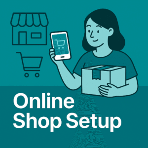 Illustrated woman holding a shopping basket and pointing to a product page on a large screen, with icons for products, checkout and payments, on a teal background with the text ‘Online Shop Setup’.